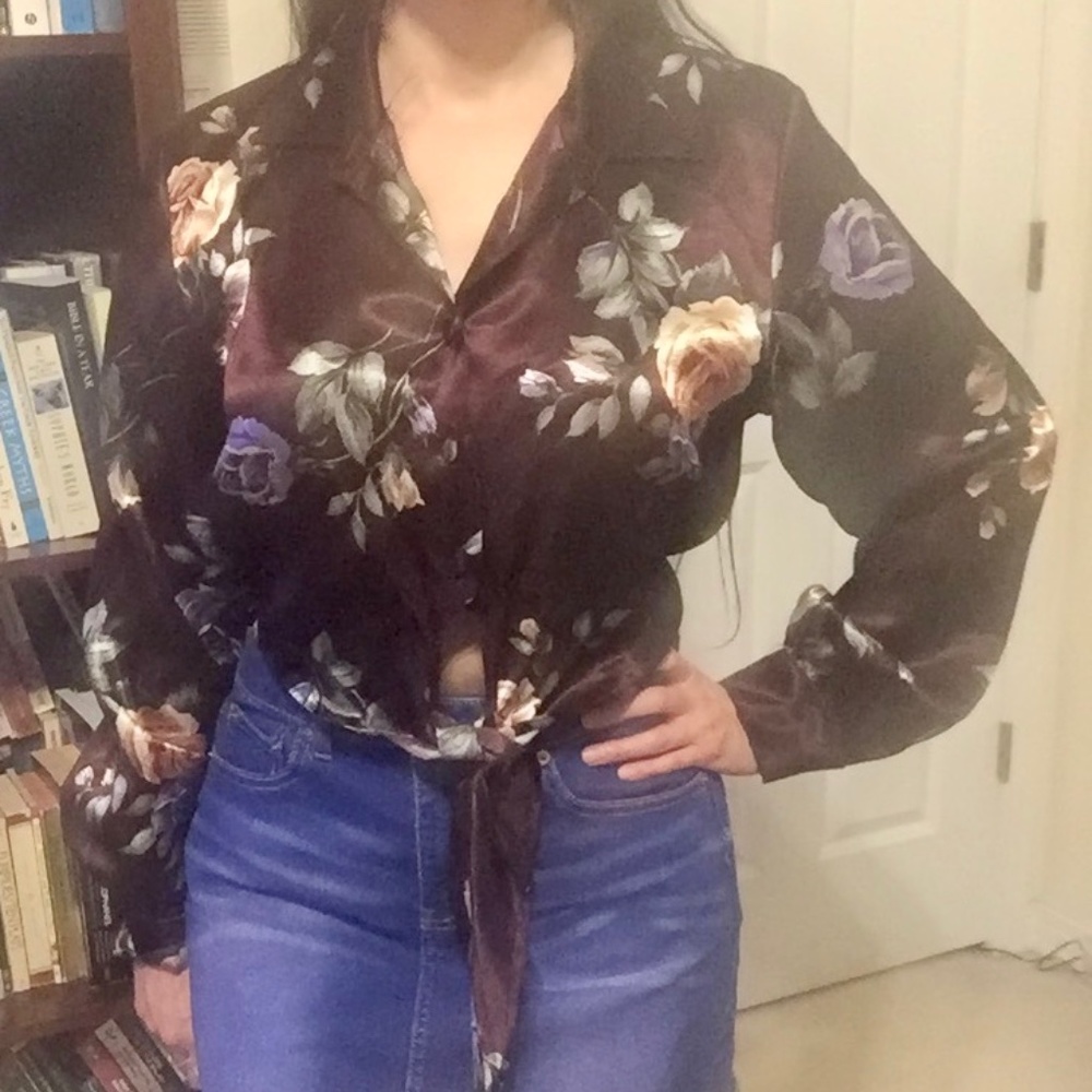 Silky Floral Vintage Tie Front Blouse